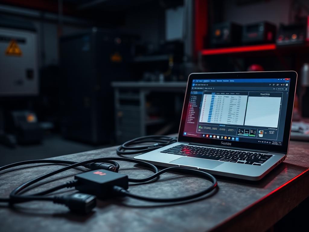 Notebook com software de diagnóstico Cummins conectado ao módulo